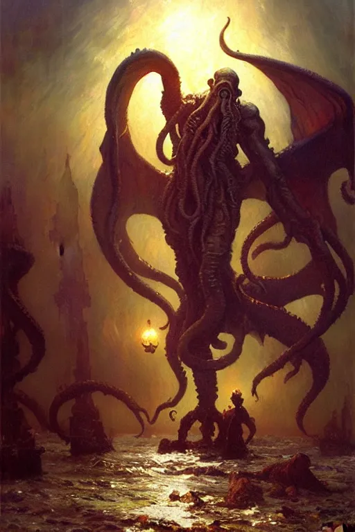 Image similar to the call of cthulhu painting by gaston bussiere, craig mullins