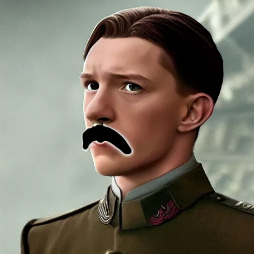 Prompt: tom holland as adolf hitler with short mustache