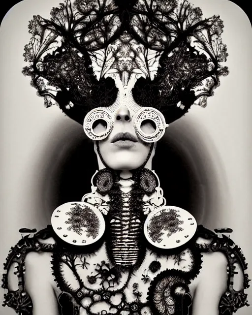 Image similar to surreal black and white tintype photo portrait of complex bio-mechanical beautiful young female vegetal-cyborg with a Mandelbrot fractal steampunk metal fine lace face, a very long neck and a fine metal floral foliage super big lace collar by Alexander McQueen:: smoke, high fashion, haute couture, rococo, steampunk, silver filigree details, anatomical, facial muscles, cable wires, microchip, elegant, dreamy, foggy atmosphere, hyper realistic, 150 mm lens, soft rim light, octane render, unreal engine, picture was taken in 1910 by Man Ray, volumetric lighting, dramatic light,8k,