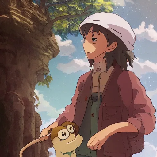 Image similar to friendly guy and small creature , with Fragile looking character portrait face made in Studio Ghibli artstyle ,highly detailed art, beautiful scene, sharp focus, smooth, 8k, anime art, fantasy, style in ghibli anime style