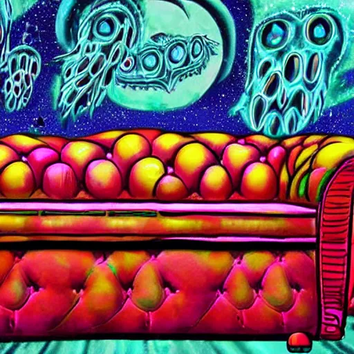 Image similar to couch sofa chesterfield flying through space psychedelic trippy eldritch horror cartoon