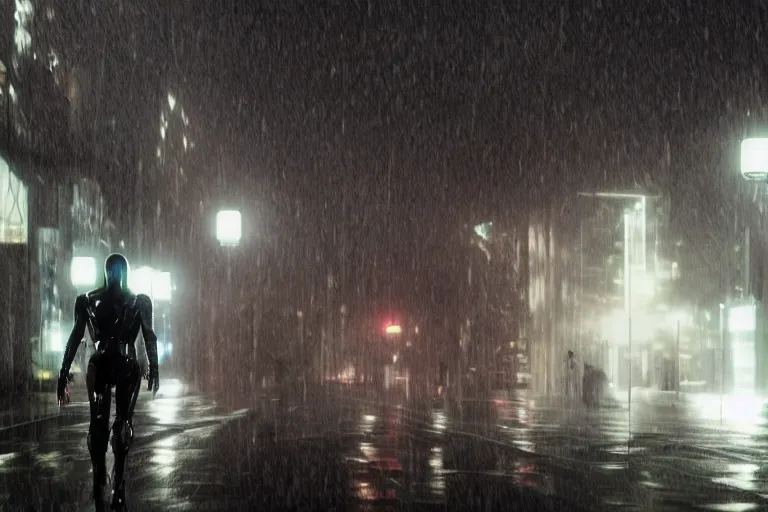 Prompt: vfx marvel sci-fi woman black super hero robot photo real, city street cinematic lighting, rain and fog by Emmanuel Lubezki