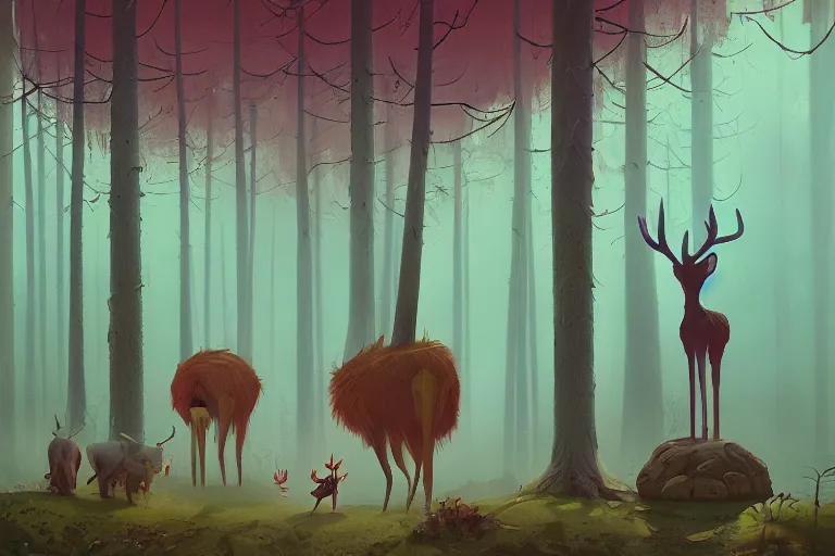 Prompt: Meeting the Forest Guardian, by Simon Stålenhag. Trending on artstation, children book illustration, spirit deer