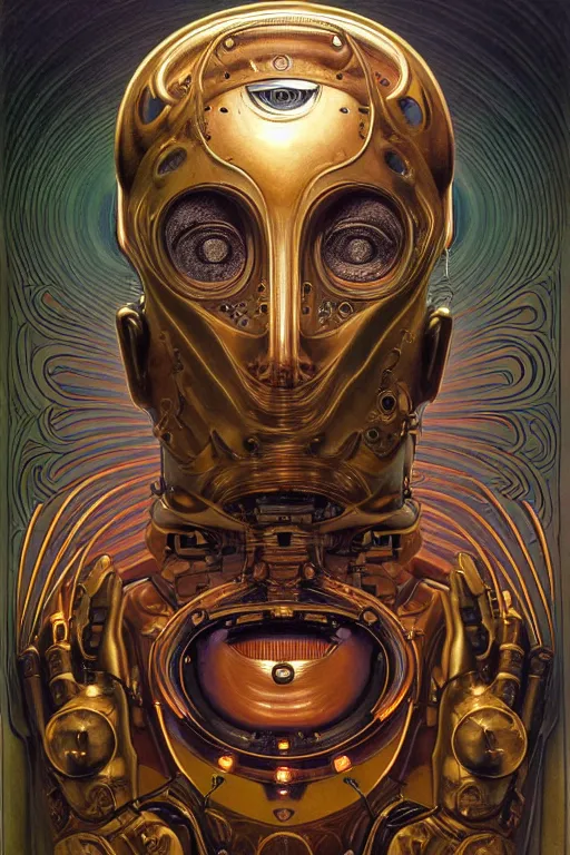 Prompt: half human, half robot face, dmt, large metal mustache, muted colors, benevolent, nebula background, glowing eyes, detailed realistic surreal retro robot in full regal attire. face portrait. art nouveau, visionary, baroque, giant fractal details. vertical symmetry by zdzisław beksinski, alphonse mucha. highly detailed, realistic