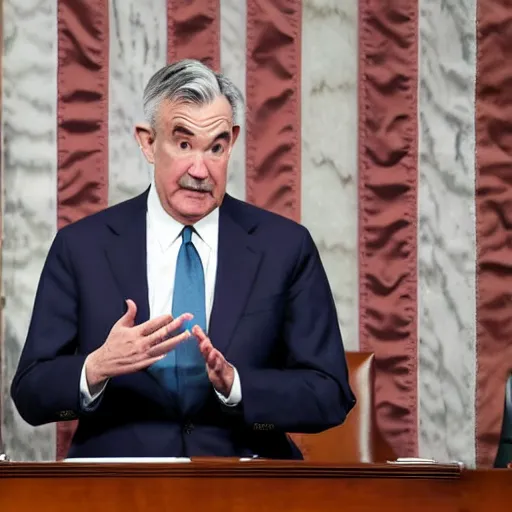 Prompt: a bear interrupting jerome powell during a speech to congress