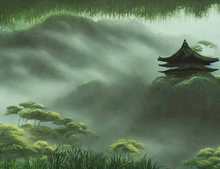 Image similar to a cinematic widescreen photo of ancient japanese temples in a misty bamboo cloud forest on a mountain by studio ghibli by roger dean, photorealistic, 7 0 mm, concept art