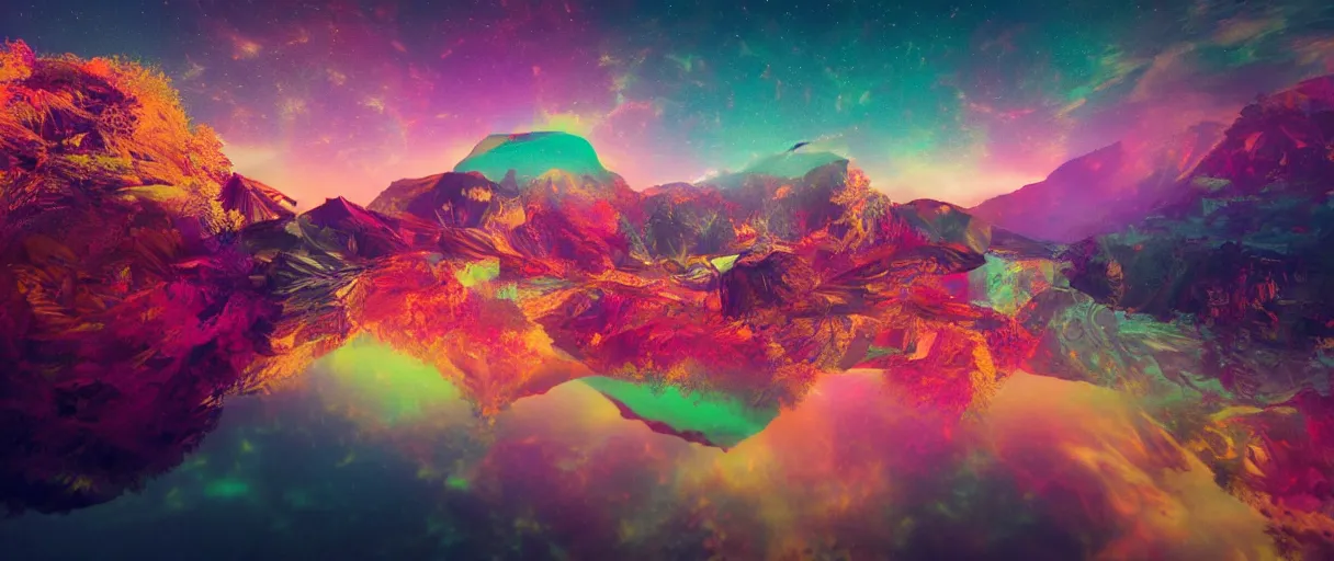 Prompt: dream landscape, simulation, glitch art, sacred geometry, volumetric object, physical particles, translucence, cinematic lighting, iridescence, by ash thorpe