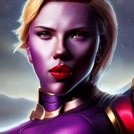 Image similar to scarlett johansson as thanos, feminine beautiful muscular fitness model wearing armor, very dark purple skin, red lips, very very strong jaw, pin up, attractive, highly detailed full body portrait, pretty face, elegant, breathtaking art, concept art, by artgerm and ilya kuvshinov