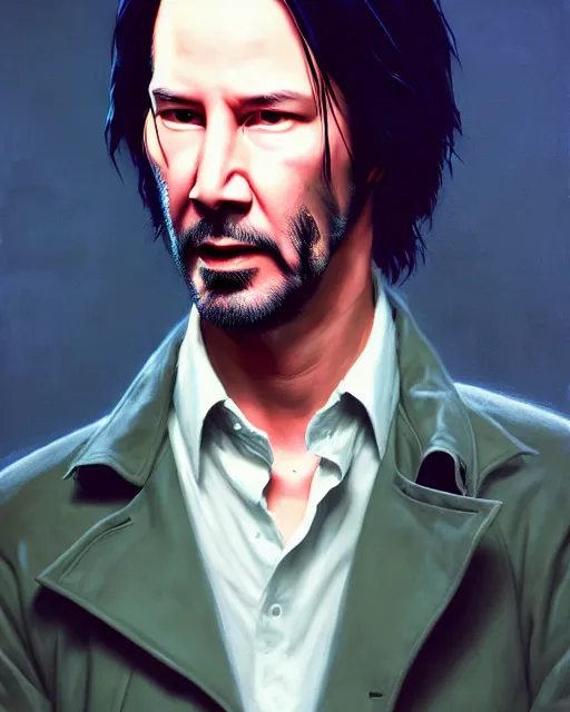 Image similar to highly detailed vfx, a portrait of keanu reeves insanely muscular, wearing the matrix trench coat costume, by stephen bliss, chalk, unrealengine, greg rutkowski, loish, rhads, beeple, chalk, makoto shinkai and lois van baarle, ilya kuvshinov, rossdraws, tom bagshaw, basil gogos