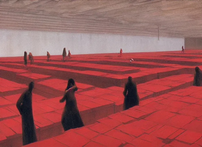 Prompt: flooded floor inside Amazon fulfillment center, people stacked on shelves in red plastic bags, flooded Edward Hopper and James Gilleard, Zdzislaw Beksinski, highly detailed