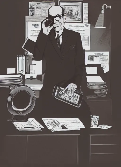 Prompt: Twin Peaks movie poster artwork by Michael Whelan and Tomer Hanuka, Rendering of Hunter S Thompson talking on a rotary telephone at his desk late at night, from a scene from Twin Peaks, clean, full of detail, Matte painting, trending on artstation and unreal engine