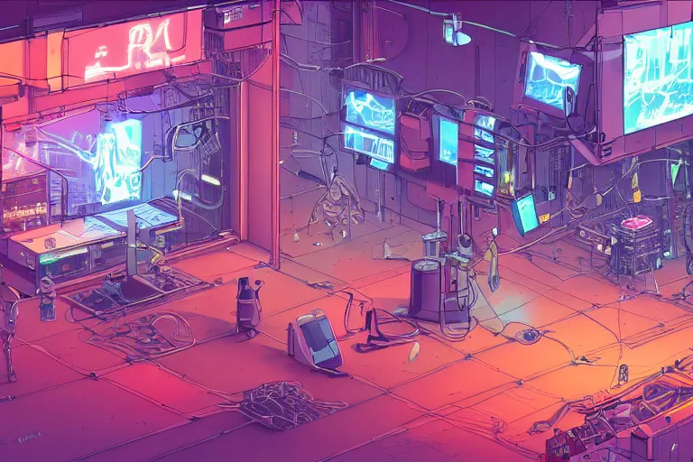 Image similar to robot repair shop, broken robot on ground, science-fiction, cyberpunk, neon lights, mist, cables, computer screens, girl working, windows, 8k, illustration, art by ghibli and moebius