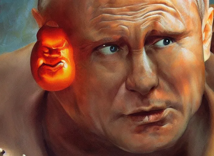 Prompt: face of a putin jammed between hamburger buns, leaking with puss, 4k, trending on artstation, Frank Frazetta, Norman Saunders