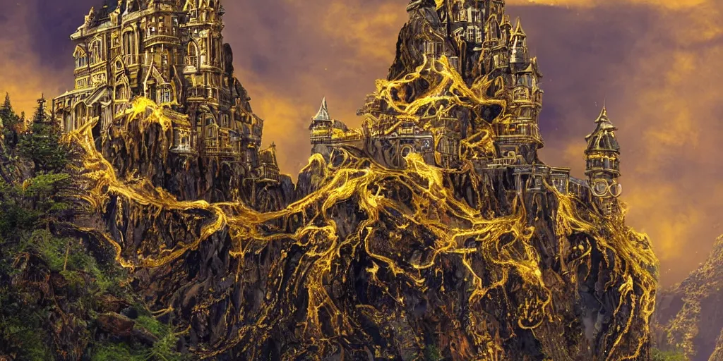 Prompt: ominous ornate obsidian castle with gold filigree on high cliffs with rivers and waterfalls of glowing melted gold. by tom bagshw and by ralph bakshin. power and beauity.