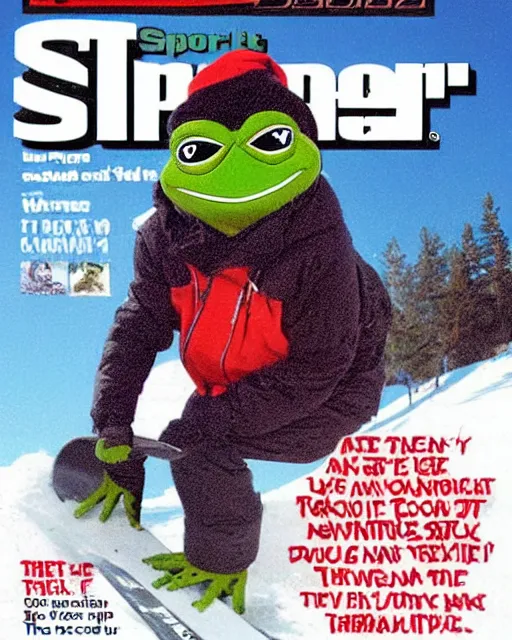 Image similar to pepe the frog snowboarding on cover of 2 0 0 5 sports illustrated magazine