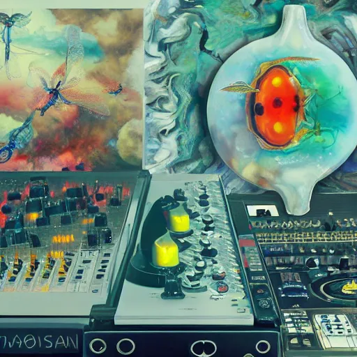 Image similar to surreal gouache painting, by yoshitaka amano, by ruan jia, by Conrad roset, by good smile company, detailed anime 3d render of big transparent amber stone in the center of the screen with a magical dragonfly inside. dragonfly inside an amber stone, amber stone on the Dj mixer, Surrounded by a big DJ Mixer, Controller deck, portrait, cgsociety, artstation, rococo mechanical and Digital and electronic, dieselpunk atmosphere