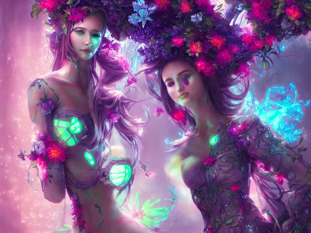 Image similar to a beautiful cyber fairy in a cyberpunk garden with neon flowers, elegant pose, realistic digital painting, artgerm, sakimichan, huang guangjian