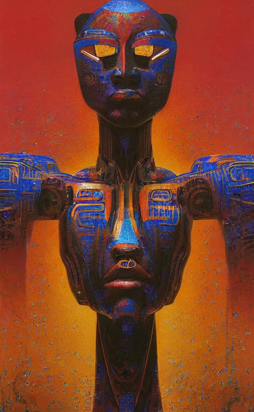 Image similar to portrait of mecha african tribal chief, symmetrical, dramatic lighting, colourful, art by zdzislaw beksinski,