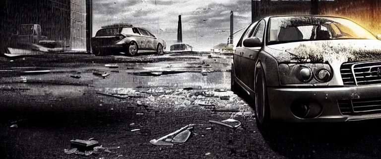 Image similar to Audi A4 B6 Avant (2002), a gritty neo-noir, dramatic lighting, cinematic, eerie person, death, homicide, homicide in the snow, viscera splattered, gunshots, bullet holes, establishing shot, extremely high detail, cracked windows, photorealistic, arson, burning car wreck, cinematic lighting, artstation, by simon stalenhag, Max Payne (PC) (2001) winter New York at night, In the style of Max Payne 1 graphic novel, flashing lights, Poets of the Fall - Late Goodbye