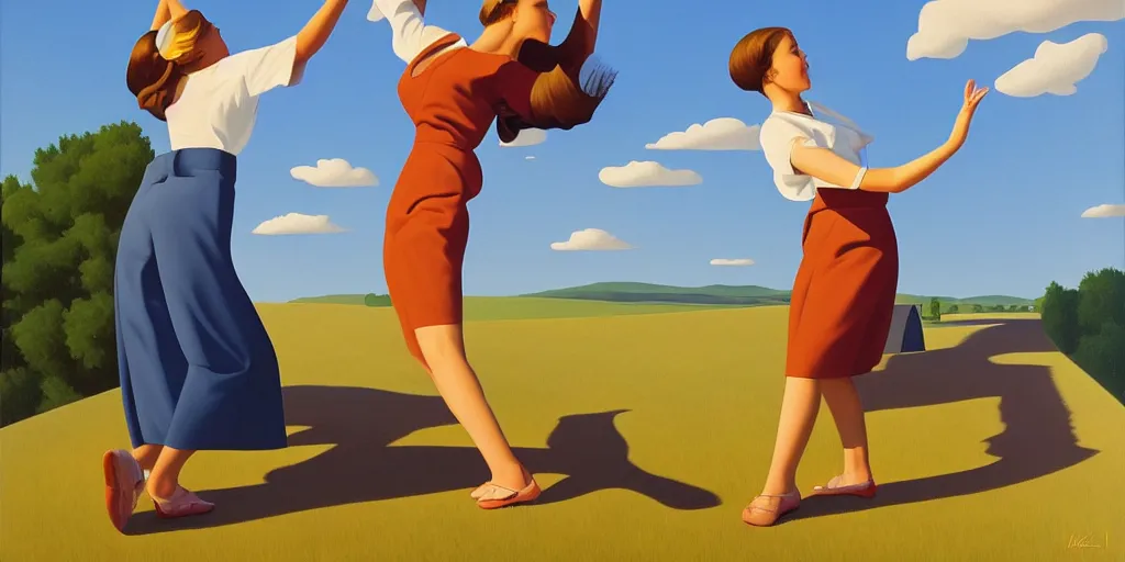 Image similar to sister dancing, blue sky, summer evening, kenton nelson