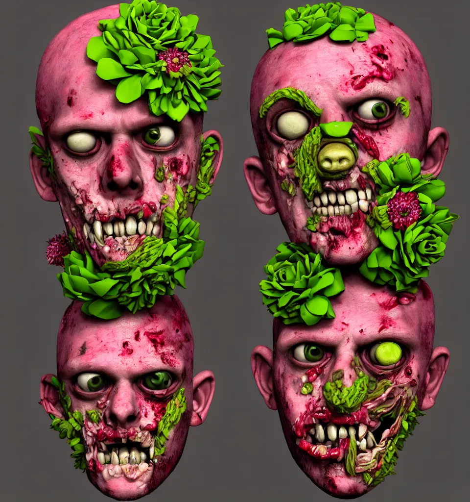 Image similar to portrait headshot of a zombie punk, head made of fruit and flowers in the style of arcimboldo, photorealistic, dynamic lighting, action figure, clay sculpture, claymation, pink and green gradient background, trending on artstation