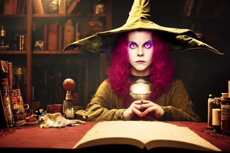 Image similar to close up portrait, dramatic lighting, teen alice witch casting a spell over a large open book on a table with,, cat on the table in front of her, sage smoke, a witch hat cloak, apothecary shelves in the background, still from tim burton movie