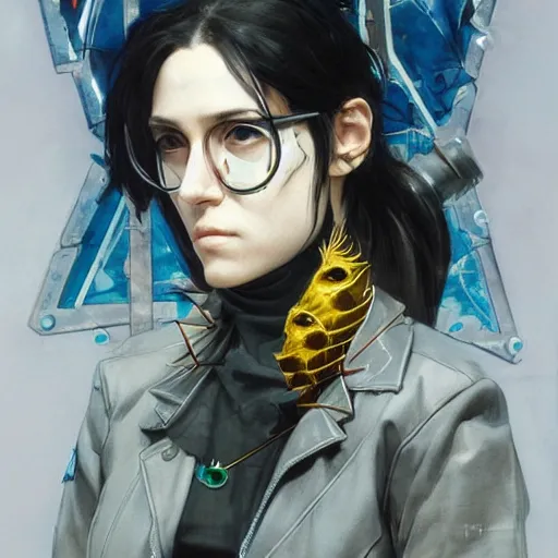 Prompt: portrait of the naive cyberpunk philosopher Sophia Aeon wearing a bird-ouroboros-infinity-auryn jewelry, by Yoji Shinkawa, Esao Andrews and Raoul Ruiz