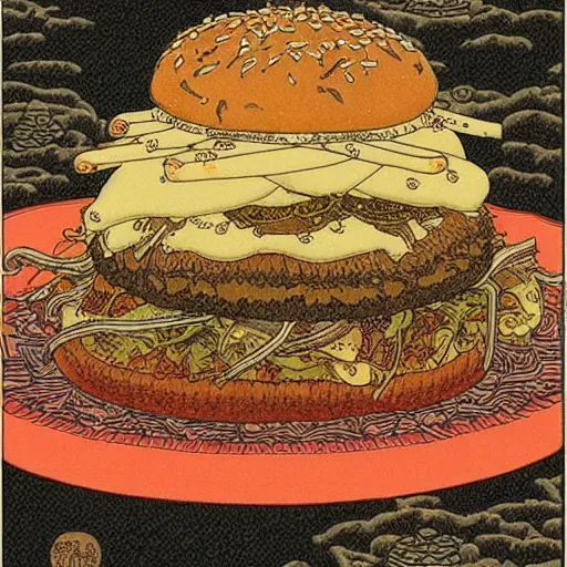 Image similar to intricate detailed burger by takato yamamoto