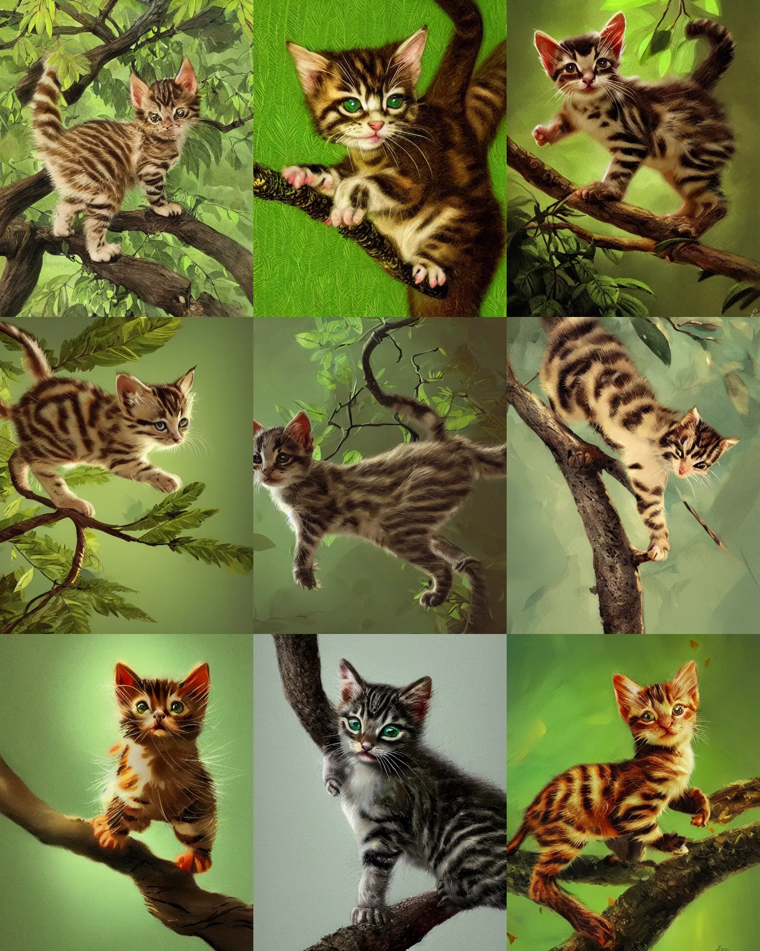 Prompt: green leaves kitten walking on tree branch, intricate, highly detailed, artstation, sharp focus, illustration, jurgens, rutkowski, frazetta