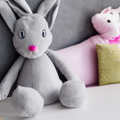 Image similar to flopsy the grey stuffed bunny comes to life in a 9 year old girls bedroom, photo realistic, fluffy, cute, adorable, no pink, gold wall, bunting