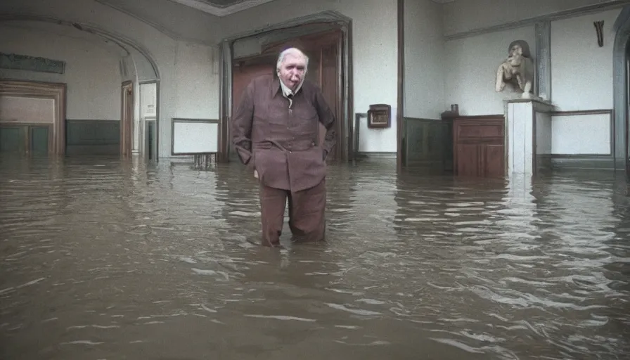 Image similar to 7 0 s movie still of an old manstanding in a soviet stalinist style palace flooded in mud, cinestill 8 0 0 t 3 5 mm eastmancolor, heavy grain, high quality, high detail