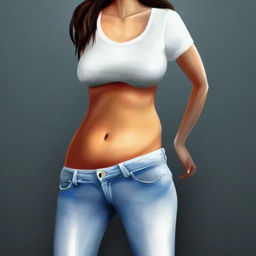 Image similar to woman in jeans wih belly, white t - shirt, realistic style, digital painting, diego fazio, samuel silva