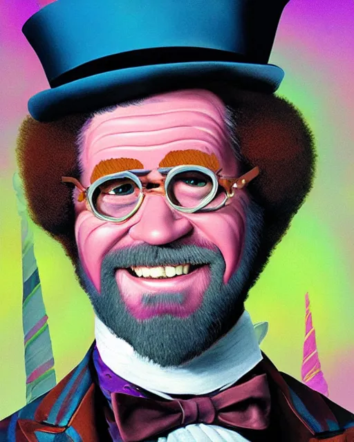 Image similar to Bob Ross as Willy Wonka, digital illustration portrait design, detailed, gorgeous lighting, dynamic portrait