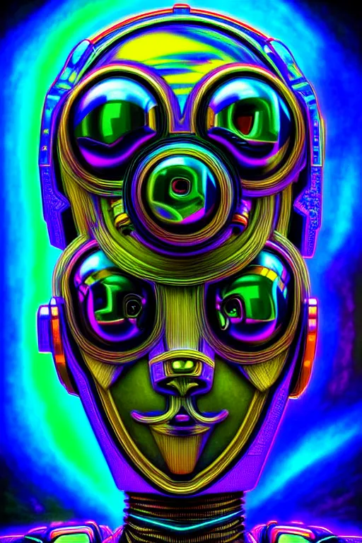 Image similar to maximalist overdetailed futuristic robot head portrait. lowbrow scifi artwork by kidsquidy ø - cult and subjekt zero. ray tracing hdr polished sharp in visionary psychedelic fineart style inspired by beastwreck jimbo phillips and salviadroid