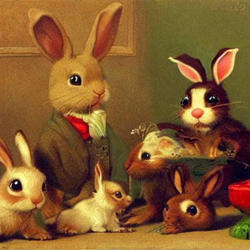 Prompt: painting, 3 d cute baby bunnies thirsty for blood, red, monty python rabbit assassin, littlest pet shop, noel coypel, emile eisman - semenowsky, edouard bisson