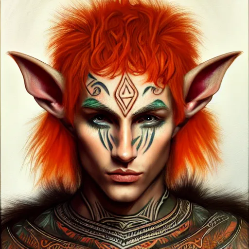 Image similar to portrait painting of an elven young man with short light orange hair and tribal tattoos on his face wearing fur armor, sharp focus, award - winning, trending on artstation, masterpiece, highly detailed, intricate. art by terese nielsen