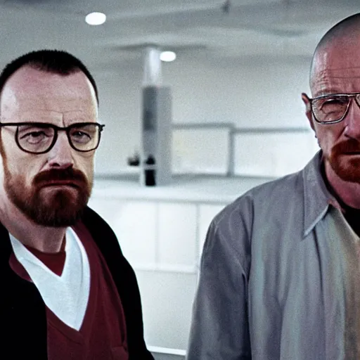 Image similar to walter white and jesse pinkman in gus frings underground laboratory on top of howard hamlin and lalo salamunca