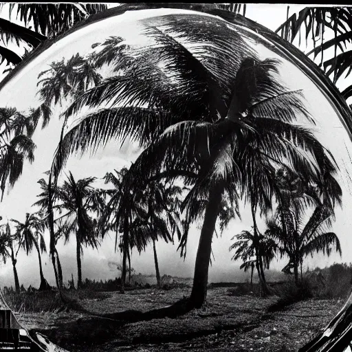 Image similar to a rizom lost film footage of a ( ( ( ( ( ( ( ( sphere ) ) ) ) ) ) ) ) in the middle of the tropical jungle / tripicalism / film still / cinematic / enhanced / 1 9 2 0 s / black and white / grain