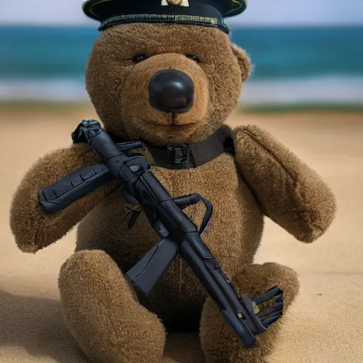 Image similar to a realistic photo shoot of a teddy bear marine soldier 4 k