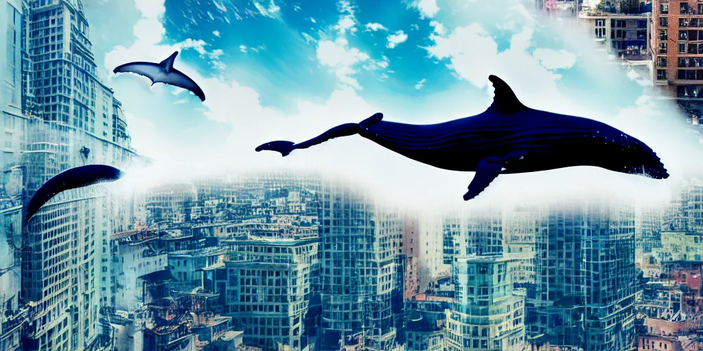 Image similar to photography collage of whale flying over a building, wearing fashion clothing, id magazine, hyperrealism, detailed textures, photorealistic, 3 d city, ultra realistic,