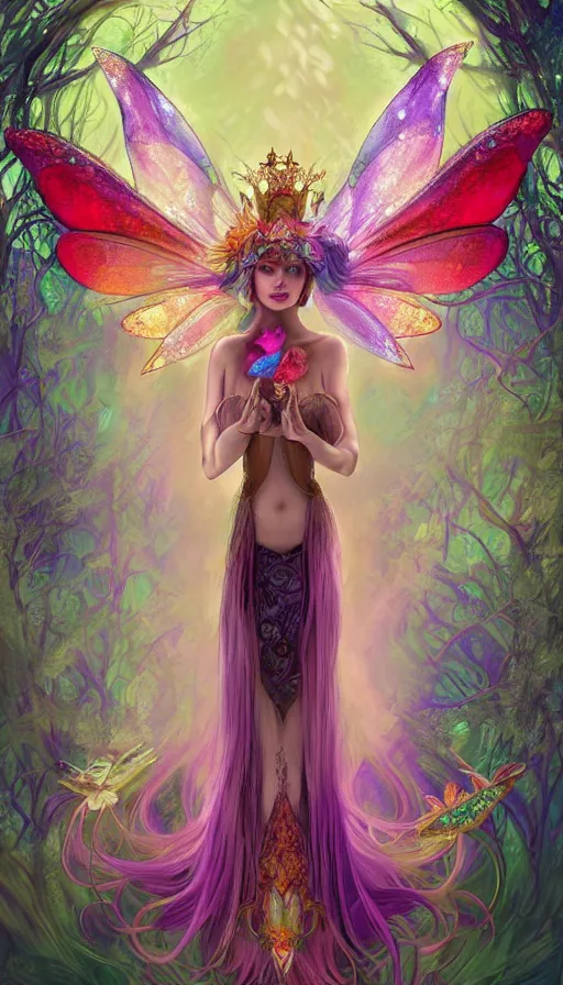 Image similar to a colorful and stunningly beautiful female faerie priestess in amanita muscaria forest landscape, symmetrical wings on back, neon hair, fantasy art, wearing a dress of gossamer gold, dark light night, sharp focus, digital painting, 4 k, concept art, art by charlie bowater and alphonse mucha, brom, face by otto schmidt