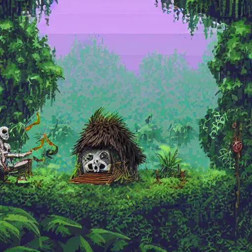 Image similar to cool video game key frame pixel art of a witchdoctor in an overgrown jungle hut with a skull on the table. vines and flowers. a matte digital painting, epic composition, god rays, vivid tones :