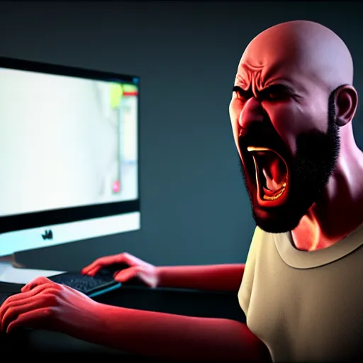 Image similar to an angry man yells at his computer monitor, unreal 4, render