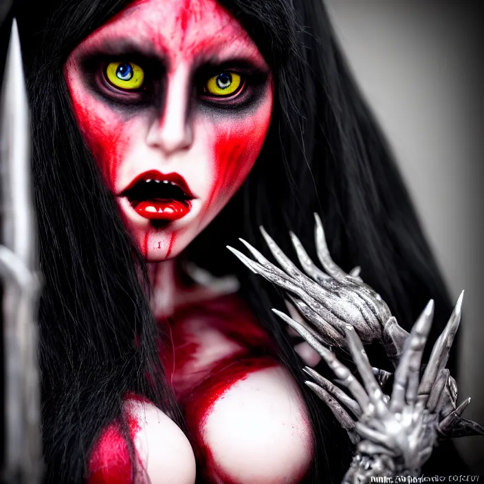 Prompt: photograph of a real - life beautiful vampire queen warrior. extremely detailed. dslr. standard lens. 3 5 mm.