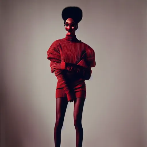 Image similar to realistic photoshooting for a new balenciaga lookbook, vhs colour photography, portrait of model Winnie Harlow woman, in style of Tyler Mitchell, 35mm,