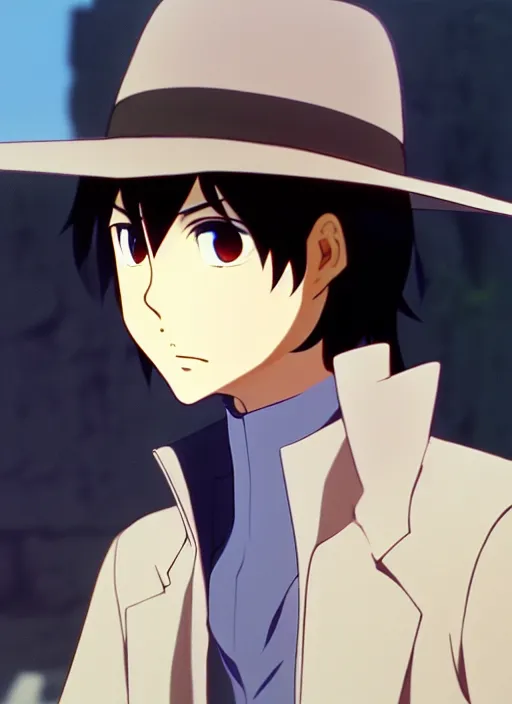 Image similar to a film still portrait of a 1 9 7 0's jigen, finely detailed features, closeup at the face, perfect art, in ancient city ruins, water, sun, gapmoe yandere grimdark, trending on pixiv fanbox, painted by greg rutkowski makoto shinkai takashi takeuchi studio ghibli, akihiko yoshida,