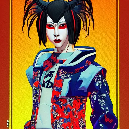 Image similar to a detailed portrait of a fashionable japanese demon wearing a cyberpunk bosozoku outfit the style of william blake and norman rockwell, kubrick, neon color scheme, crisp, artstationhd