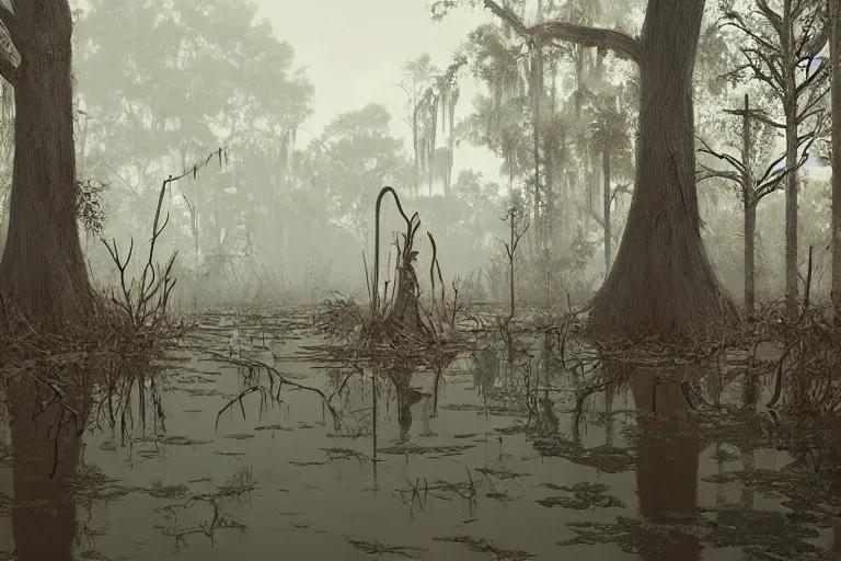 Image similar to scene from louisiana swamps,, neon cross, voodoo, 8 k, hyper detailed, artwork by tim eitel