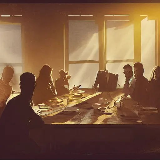 Image similar to a table with 1 0 people all sitting, buisness, vintage decor, illumanati, serious, craig mullins, warm sunlight threw the roof, dust particles illuminated in the sun beam,