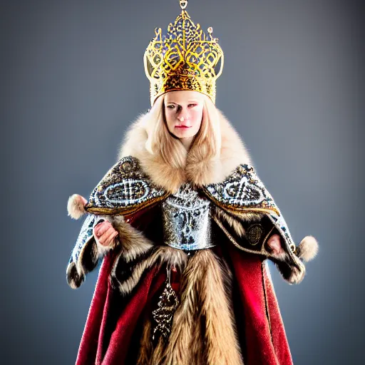 Image similar to portrait photograph of a very beautiful nordic queen with ornate cloak, bokeh, graflex camera, macro 15mm